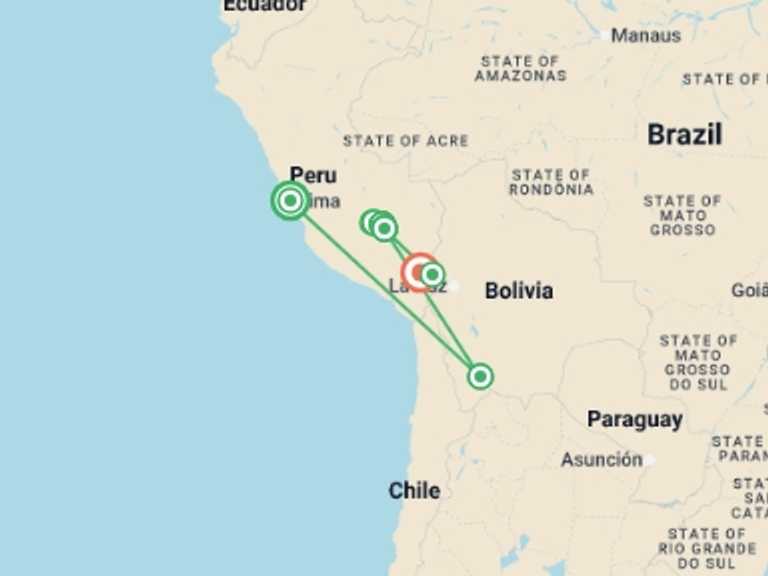 Map of South America Tour with 9 destination visits for the trip: Best of Peru