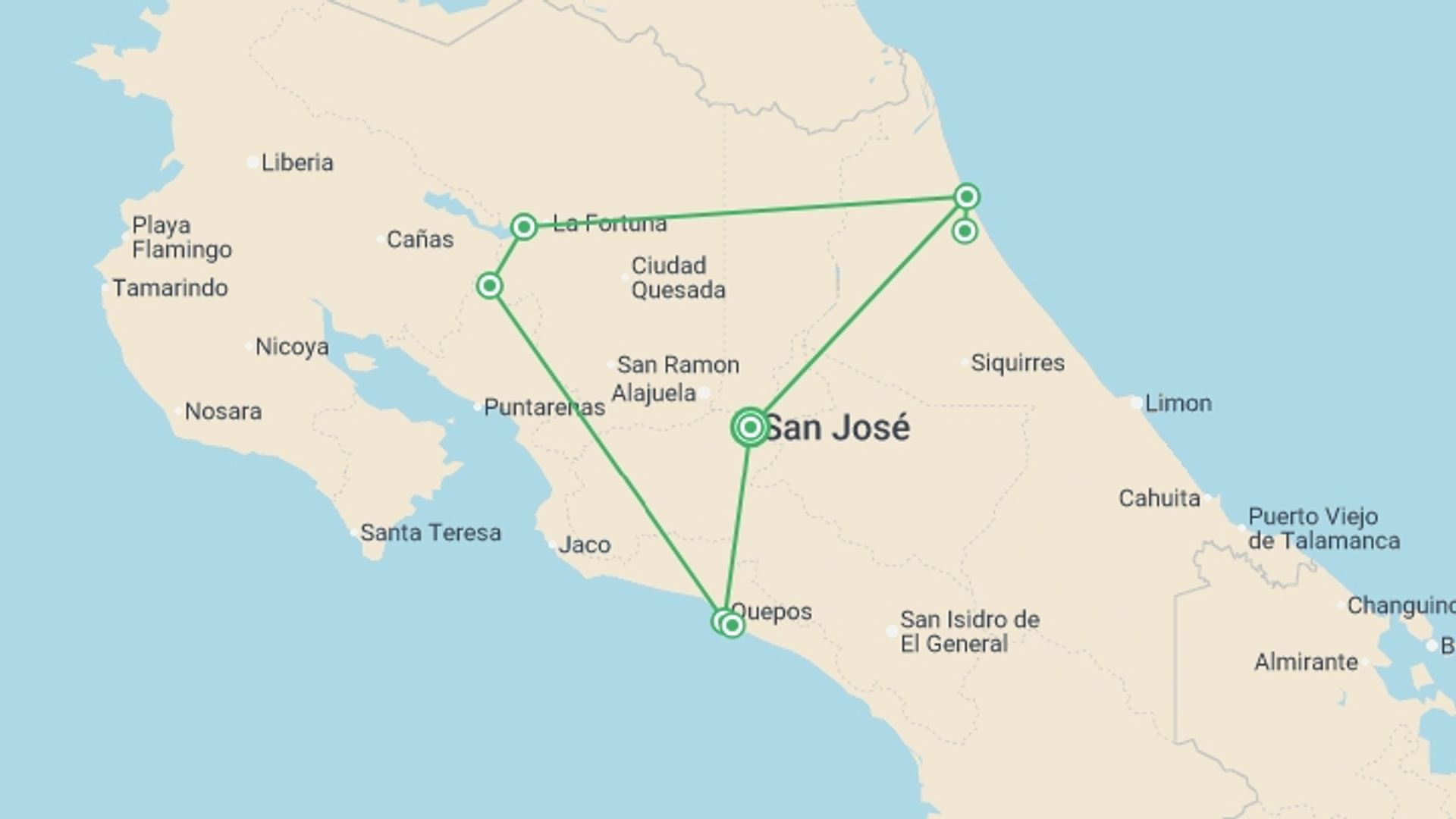 A map showing the tour itinerary for the trip: Essential Costa Rica - Package With Manuel Antonio National Park, starting in San Jose, Costa Rica and ending in San Jose, Costa Rica going through 6 other destinations.