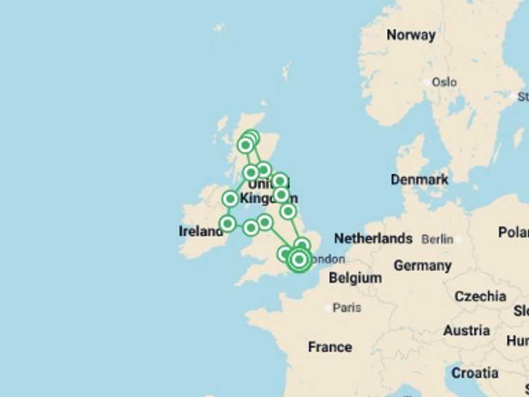Map itinerary of Europe Tour in July 2026 with 6 destination visits for the trip: United Kingdom and Ireland