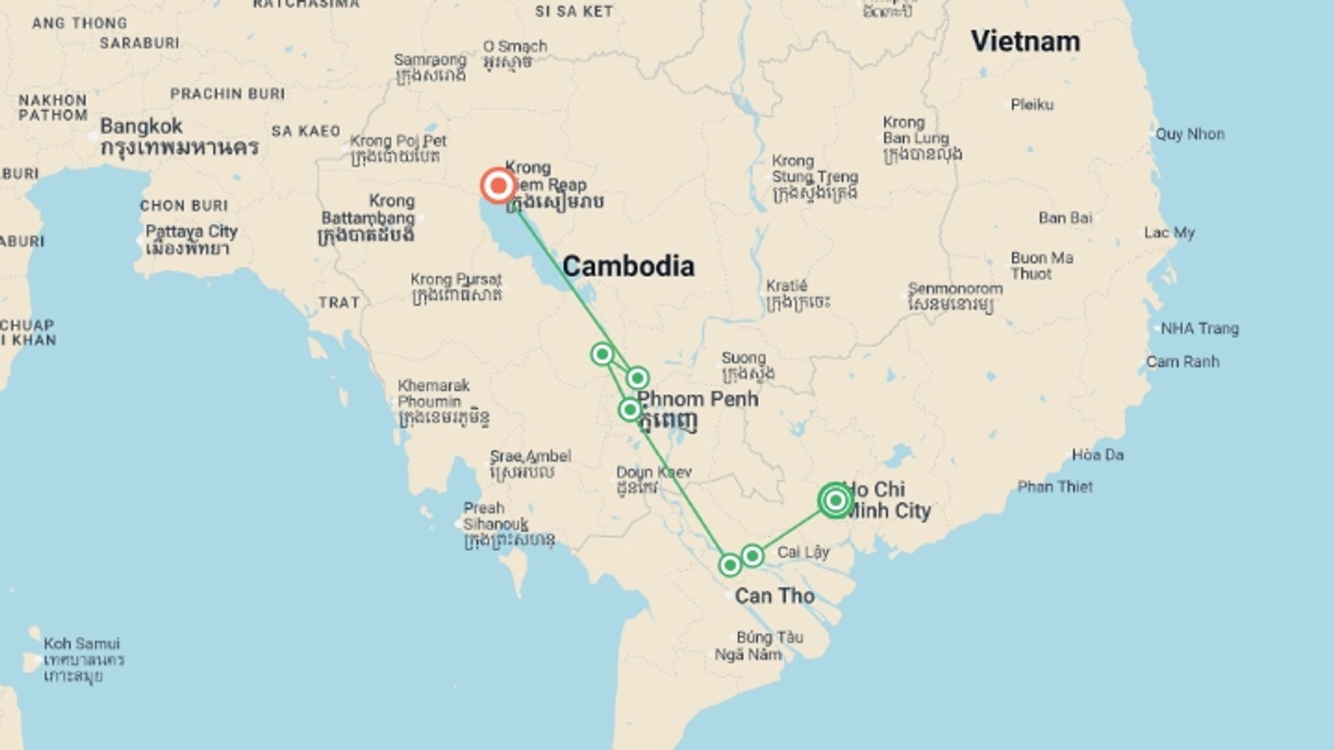 A map showing the tour itinerary for the trip: The Mekong in a different way - Between adventure and must-seesites (port-to-port cruise), starting in Ho Chi Minh City, Vietnam and ending in Siem Reap, Cambodia going through 5 other destinations.