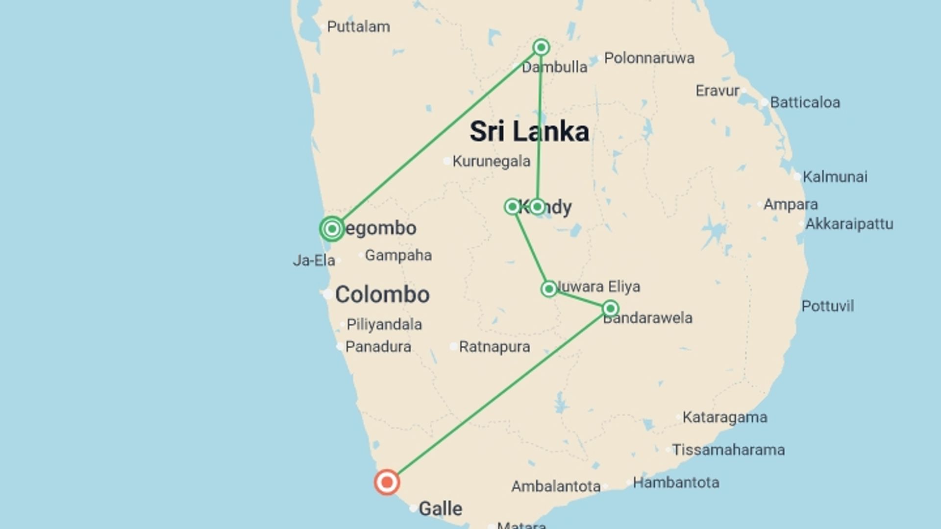 A map showing the tour itinerary for the trip: Sri Lanka: Spice Gardens & Seasides, starting in Negombo, Sri Lanka and ending in Hikkaduwa, Sri Lanka going through 5 other destinations.