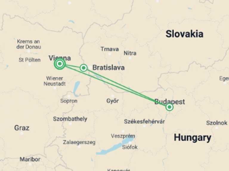 Map of Bratislava Cruise Tour with 3 destination visits for the trip: New Year on The Danube: Vienna, Budapest and Bratislava (port-to-port cruise)