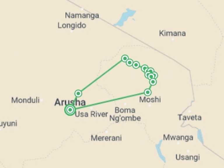 Map itinerary of Tanzania Tour in April 2027 with 11 destination visits for the trip: Mount Kilimanjaro Lemosho Route