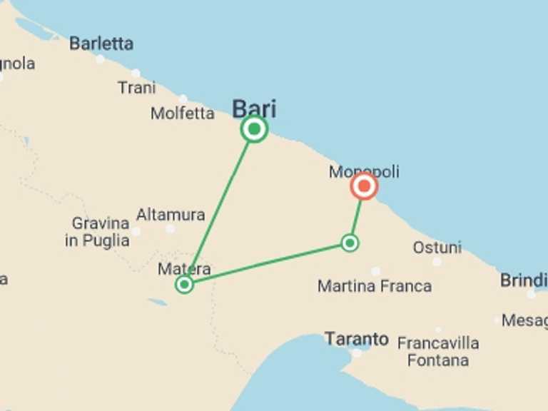 Map itinerary of Italy Tour in August 2027 with 6 destination visits for the trip: Highlights of Matera and Apulia Private Tour