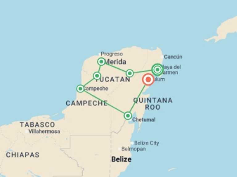 Map itinerary of North America Tour in Fall with 5 destination visits for the trip: Yucatan Peninsula Adventure