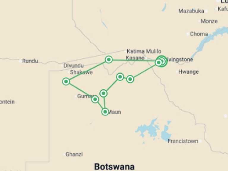 Map of Africa Wildlife safaris and game drives Tour with 8 destination visits for the trip: Botswana Wildlife Safari
