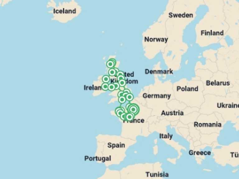 Map of Mediterranean City sightseeing Tour with 11 destination visits for the trip: France, England, Scotland and Ireland with Paris and Rouen