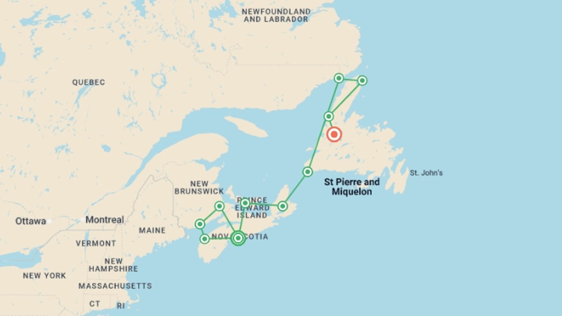 A map showing the tour itinerary for the trip: East Canada Uncovered - 18 days, starting in Halifax, Canada and ending in Deer Lake, Canada going through 9 other destinations.
