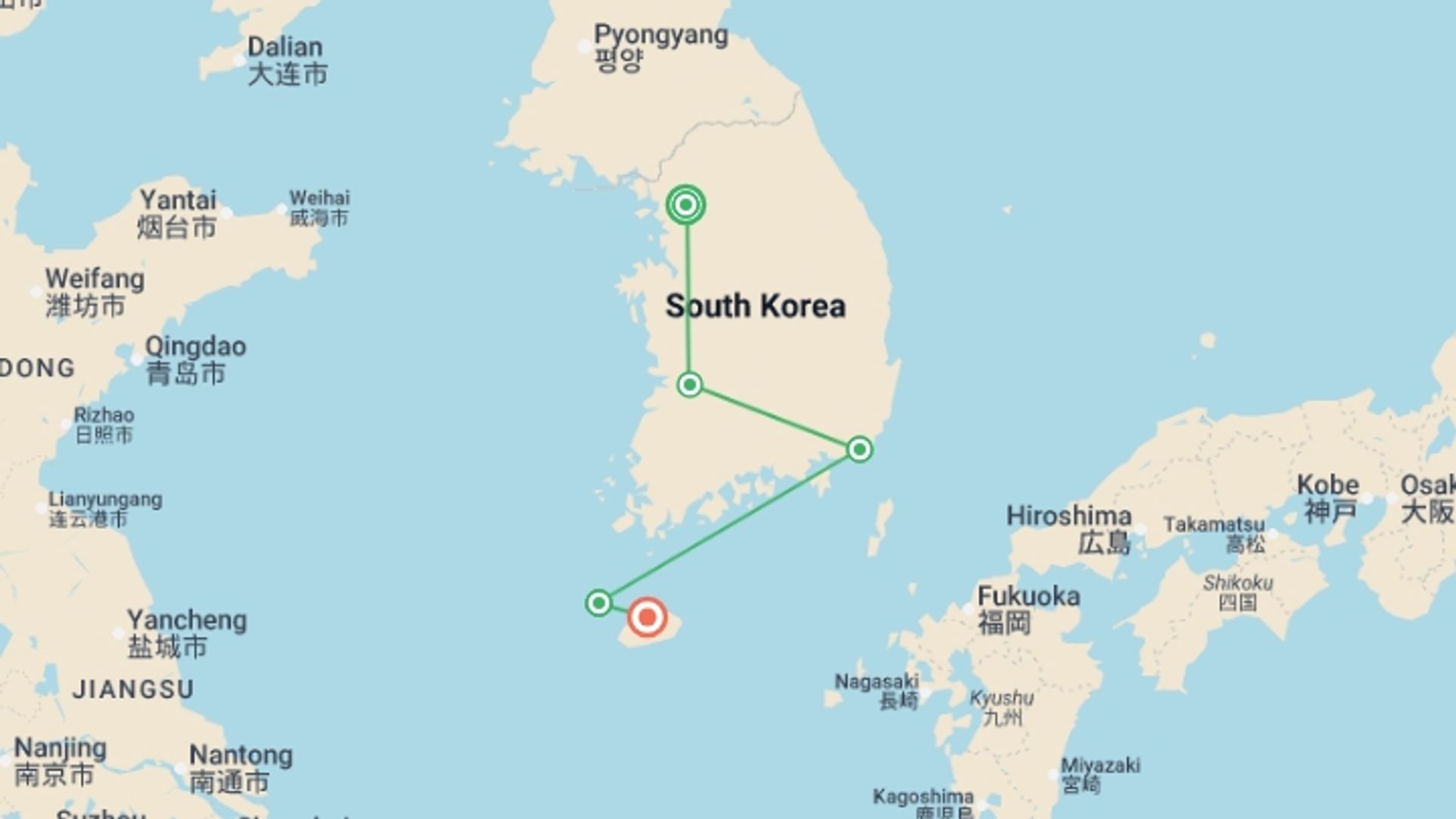 A map showing the tour itinerary for the trip: Uncover Korea: K Pop & Hanok Villages, starting in Seoul, South Korea and ending in Jeju, South Korea going through 3 other destinations.