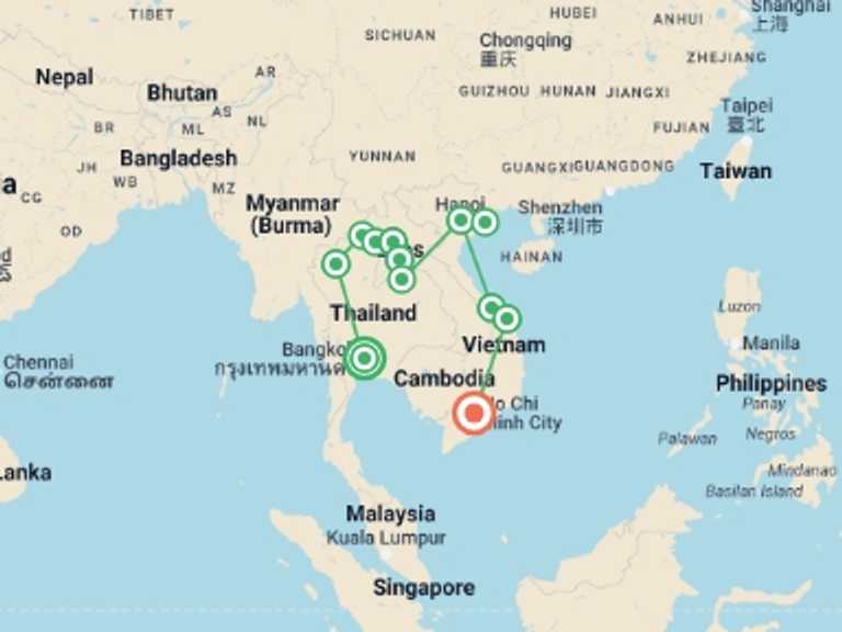 Map of Hanoi Active and outdoor Tour with 12 destination visits for the trip: South East Asia Uncovered