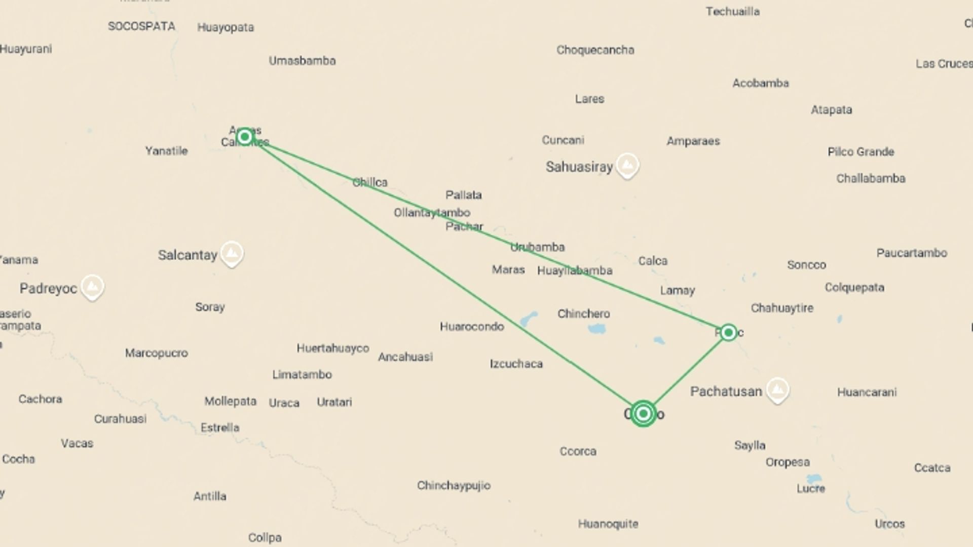 A map showing the tour itinerary for the trip: Machu Picchu 4 days – Unforgettable Tour in Cusco, starting in Cusco, Peru and ending in Cusco, Peru going through 3 other destinations.