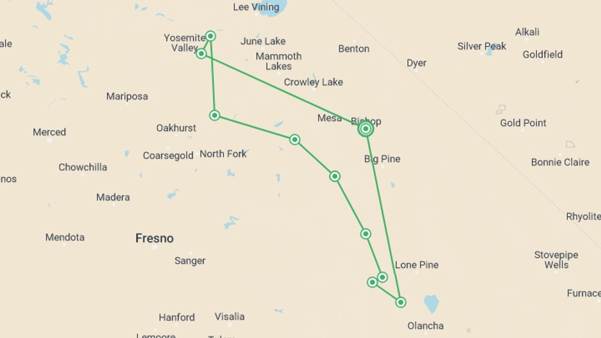 A map showing the tour itinerary for the trip: John Muir Trail, starting in Bishop, USA and ending in Bishop, USA going through 10 other destinations.