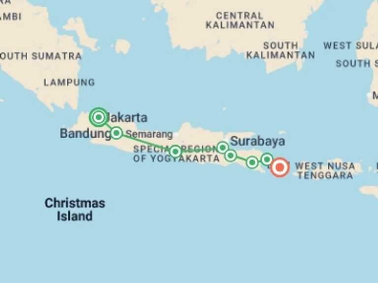 Map of Asia Natural landmarks sightseeing Tour with 8 destination visits for the trip: Jakarta to Ubud