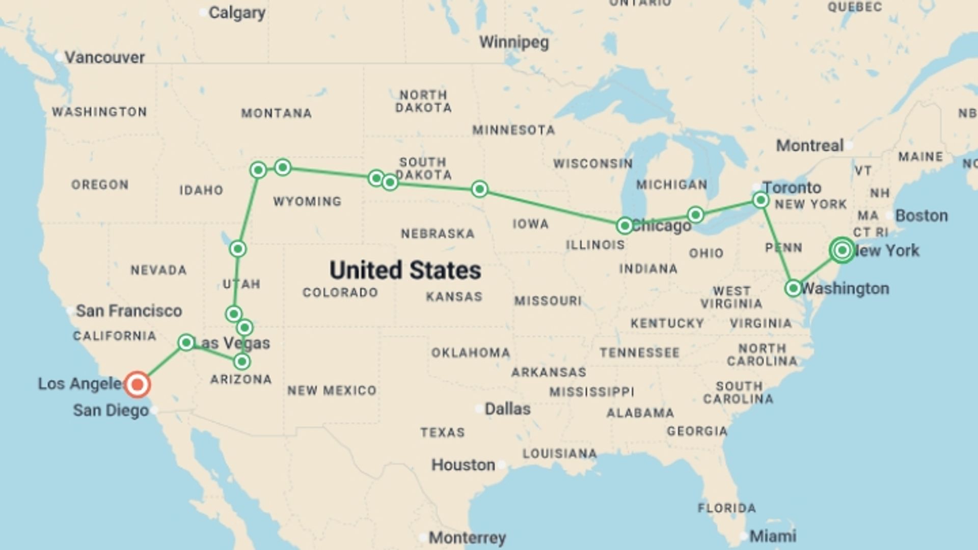 A map showing the tour itinerary for the trip: New York to Hollywood, starting in New York, USA and ending in Los Angeles, USA going through 13 other destinations.