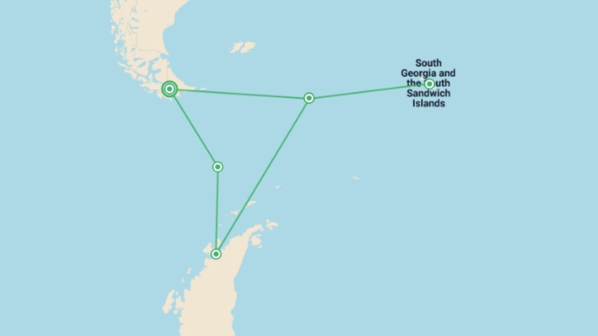 A map showing the tour itinerary for the trip: South Georgia and Antarctic Peninsula: Penguin Safari, starting in Ushuaia, Argentina and ending in Ushuaia, Argentina going through 5 other destinations.