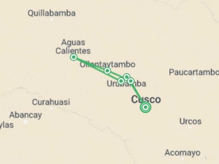 Map of Peru Train Tour with 6 destination visits for the trip: Classic Cusco Tour