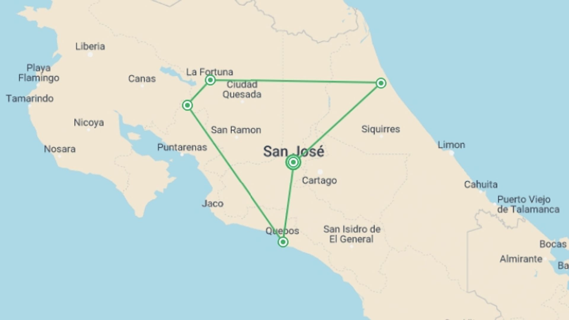A map showing the tour itinerary for the trip: Journeys: Explore Costa Rica, starting in San Jose, Costa Rica and ending in San Jose, Costa Rica going through 5 other destinations.
