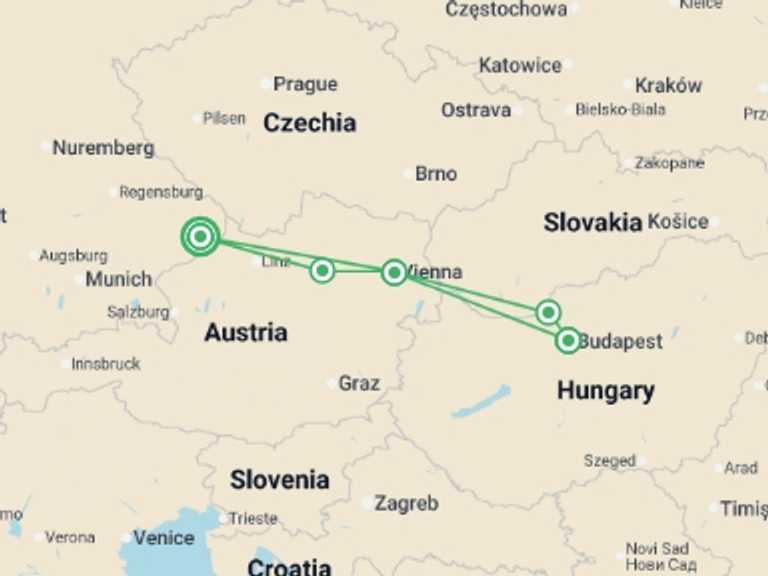 Map itinerary of Vienna Tour in August 2026 with 4 destination visits for the trip: The beautiful blue Danube from Passau to Budapest (port-to-port cruise)