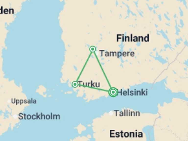 Map itinerary of Europe Tour in September 2026 with 3 destination visits for the trip: Cities of South Finland - 8 days
