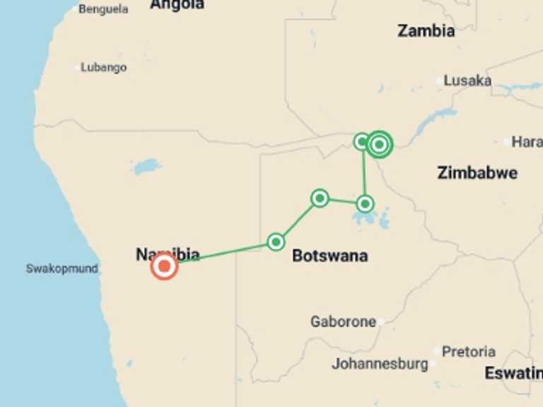 Map itinerary of Africa Tour in June 2026 with 7 destination visits for the trip: Delta & Falls Westbound: Natural Wonders & Wildlife