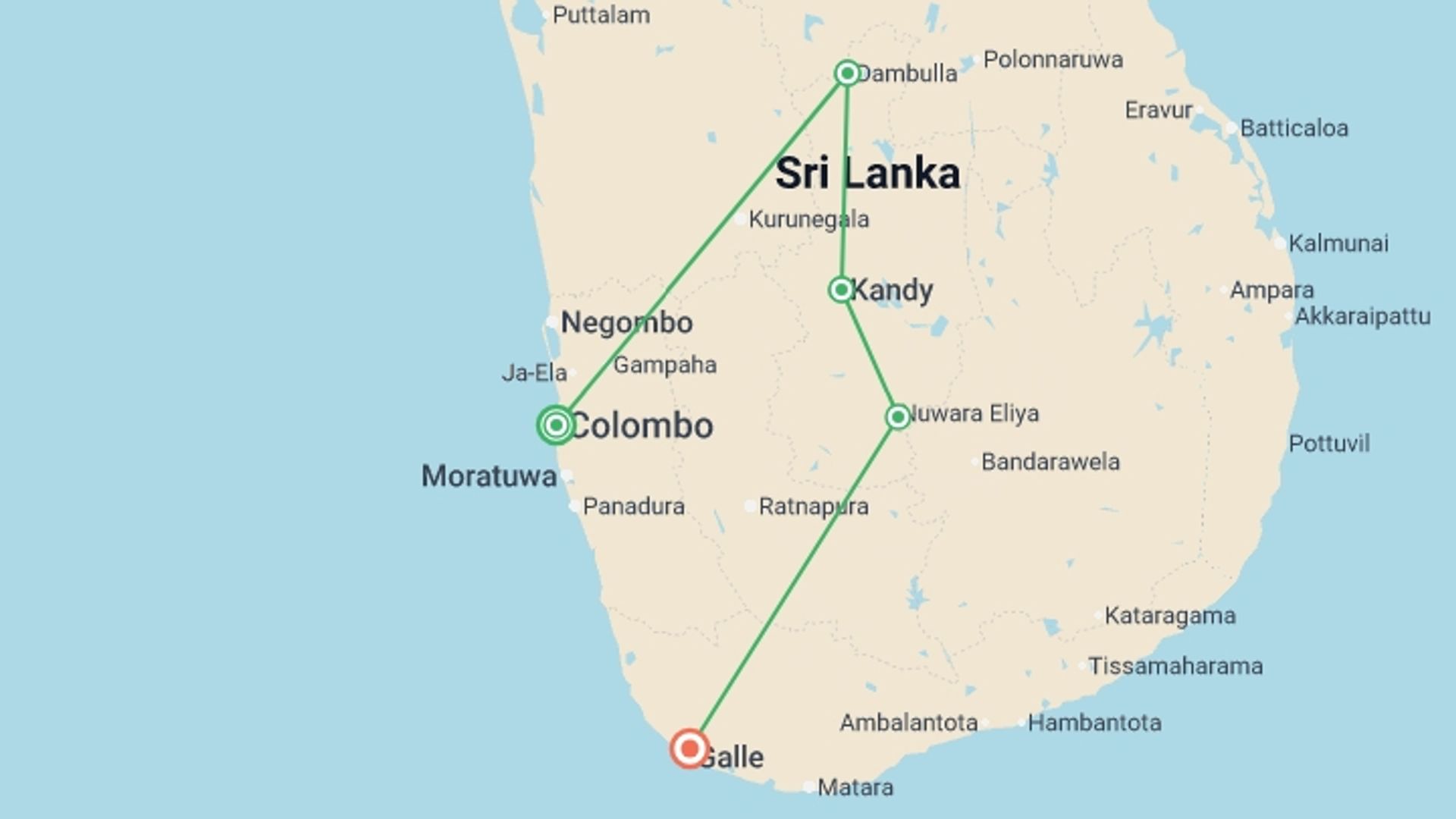A map showing the tour itinerary for the trip: Sri Lanka Premium Family Holiday, starting in Colombo, Sri Lanka and ending in Galle, Sri Lanka going through 3 other destinations.