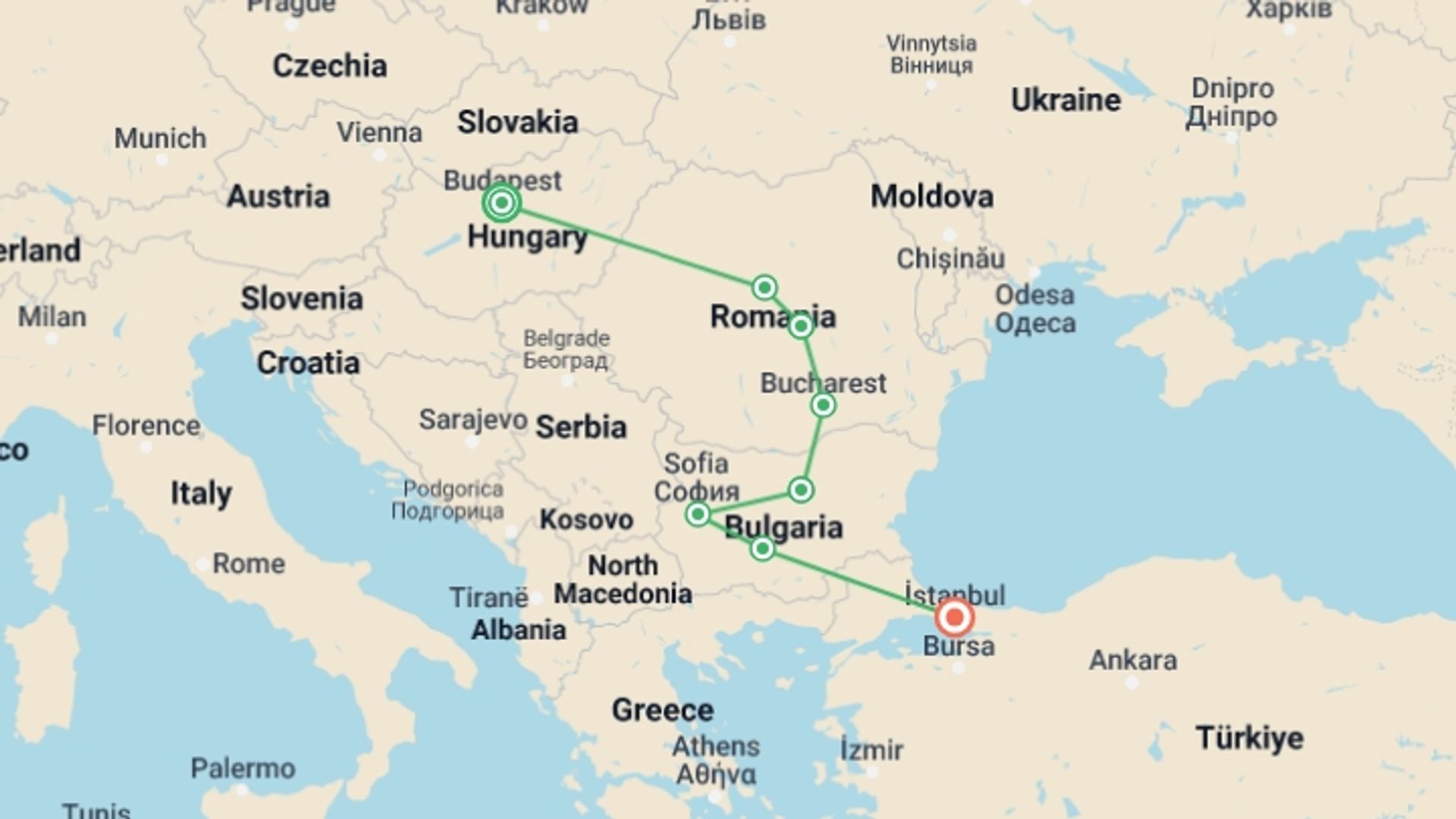 A map showing the tour itinerary for the trip: Budapest to Istanbul, starting in Budapest, Hungary and ending in Istanbul, Turkey going through 6 other destinations.