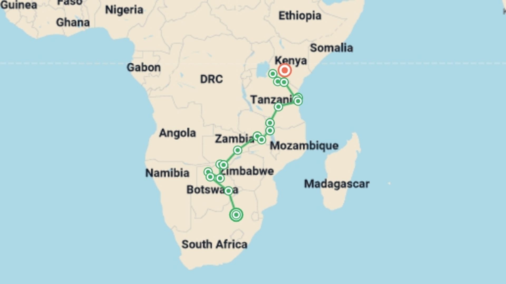 A map showing the tour itinerary for the trip: Johannesburg to East Africa Overland Safari & Participation Camping, starting in Johannesburg, South Africa and ending in Nairobi, Kenya going through 19 other destinations.