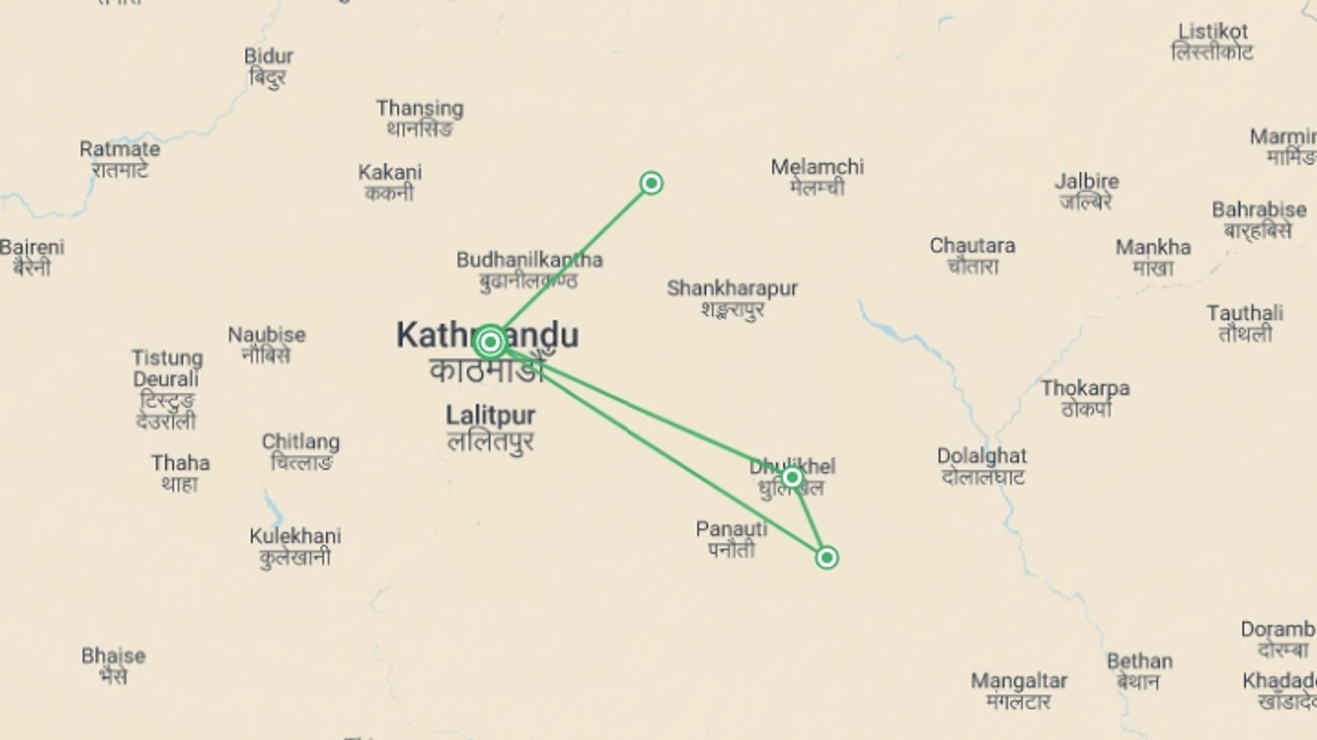 A map showing the tour itinerary for the trip: Kathmandu Valley Trek, starting in Kathmandu, Nepal and ending in Kathmandu, Nepal going through 3 other destinations.