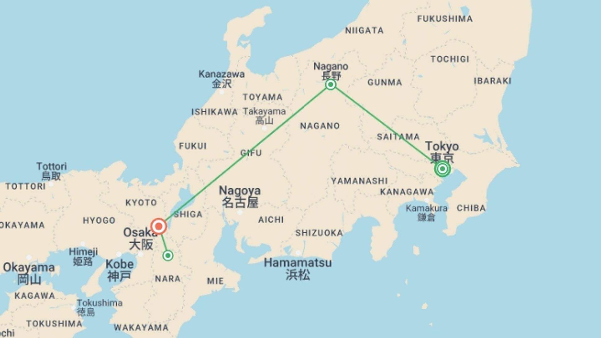 A map showing the tour itinerary for the trip: Japan Family Journey: From Ancient to Modern Times, starting in Tokyo, Japan and ending in Kyoto, Japan going through 2 other destinations.