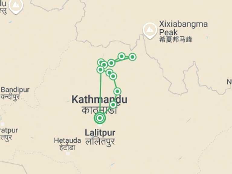 Map of Kathmandu Mountains Tour with 11 destination visits for the trip: Langtang valley and Gosaikunda trek 12 Days 