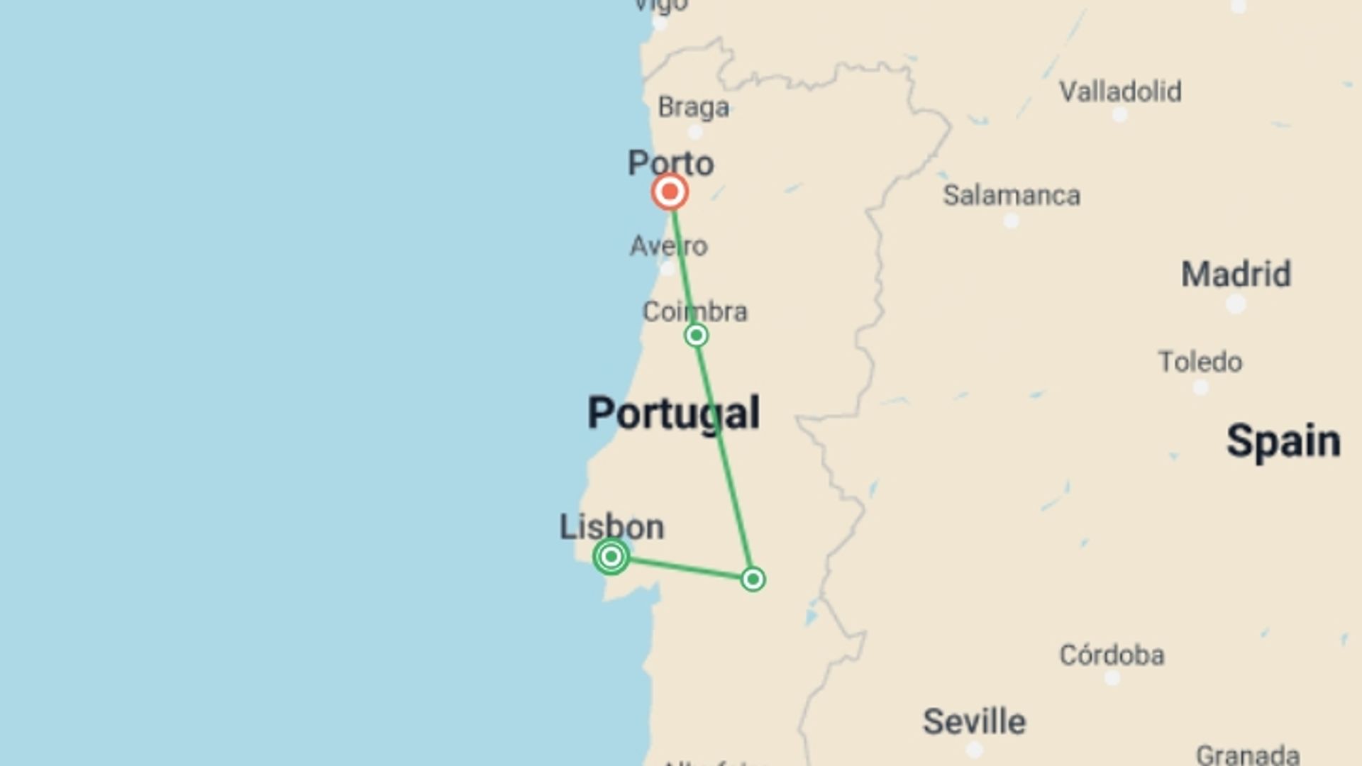 A map showing the tour itinerary for the trip: Journeys: Discover Portugal, starting in Lisbon, Portugal and ending in Porto, Portugal going through 2 other destinations.