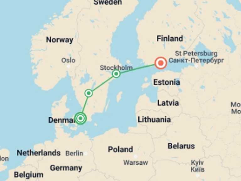 Map of Scandinavia Tour with 3 destination visits for the trip: Jewels of Scandinavia End Helsinki