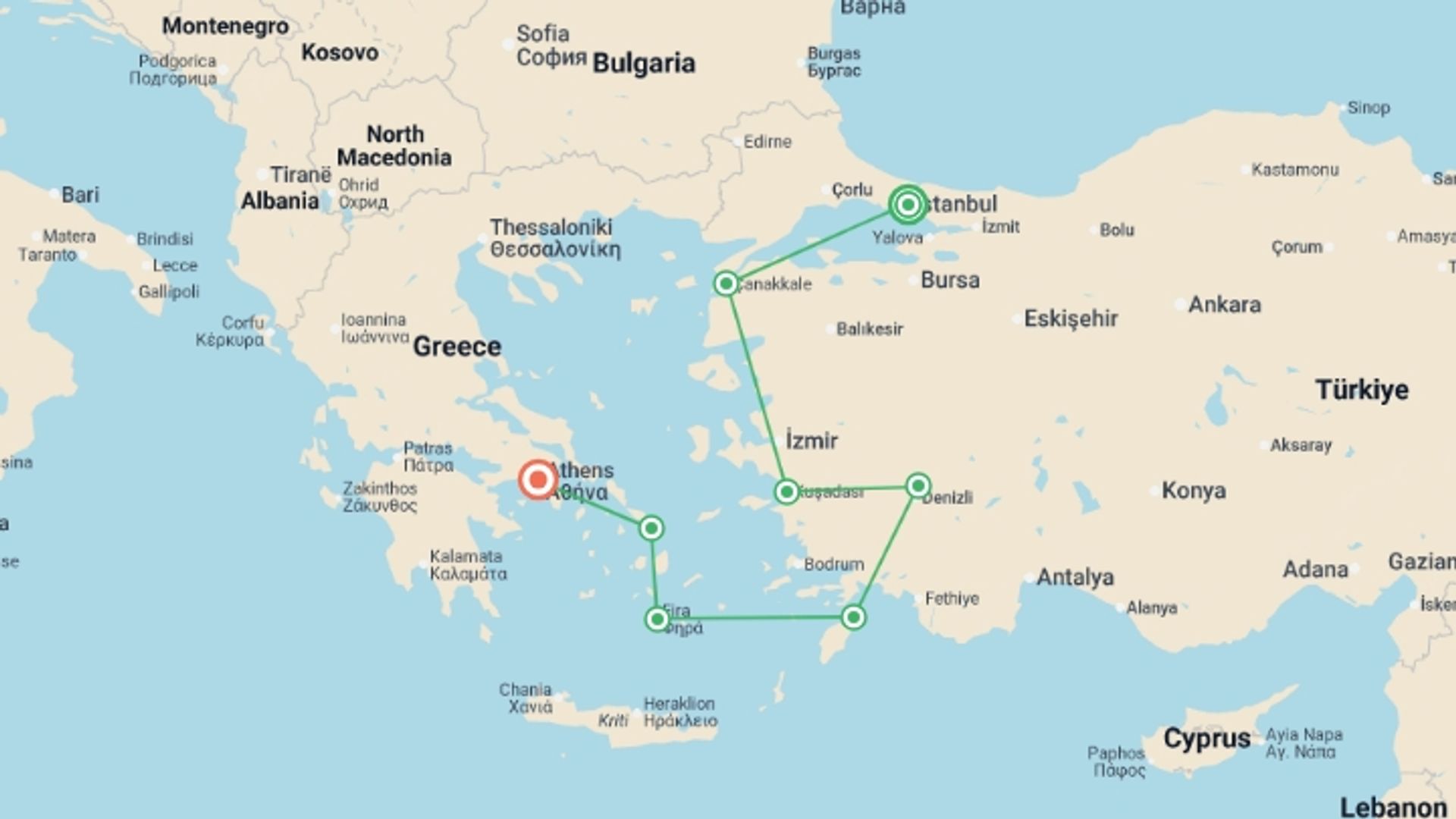 A map showing the tour itinerary for the trip: Istanbul to the Acropolis - 15 days, starting in Istanbul, Turkey and ending in Athens, Greece going through 6 other destinations.