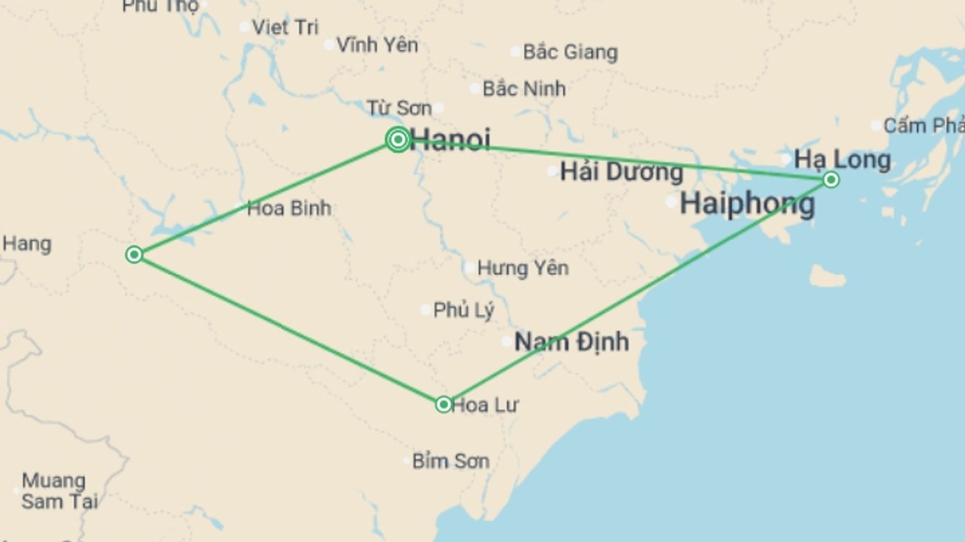 A map showing the tour itinerary for the trip: North Vietnam Explorer - 7 days, starting in Hanoi, Vietnam and ending in Hanoi, Vietnam going through 3 other destinations.