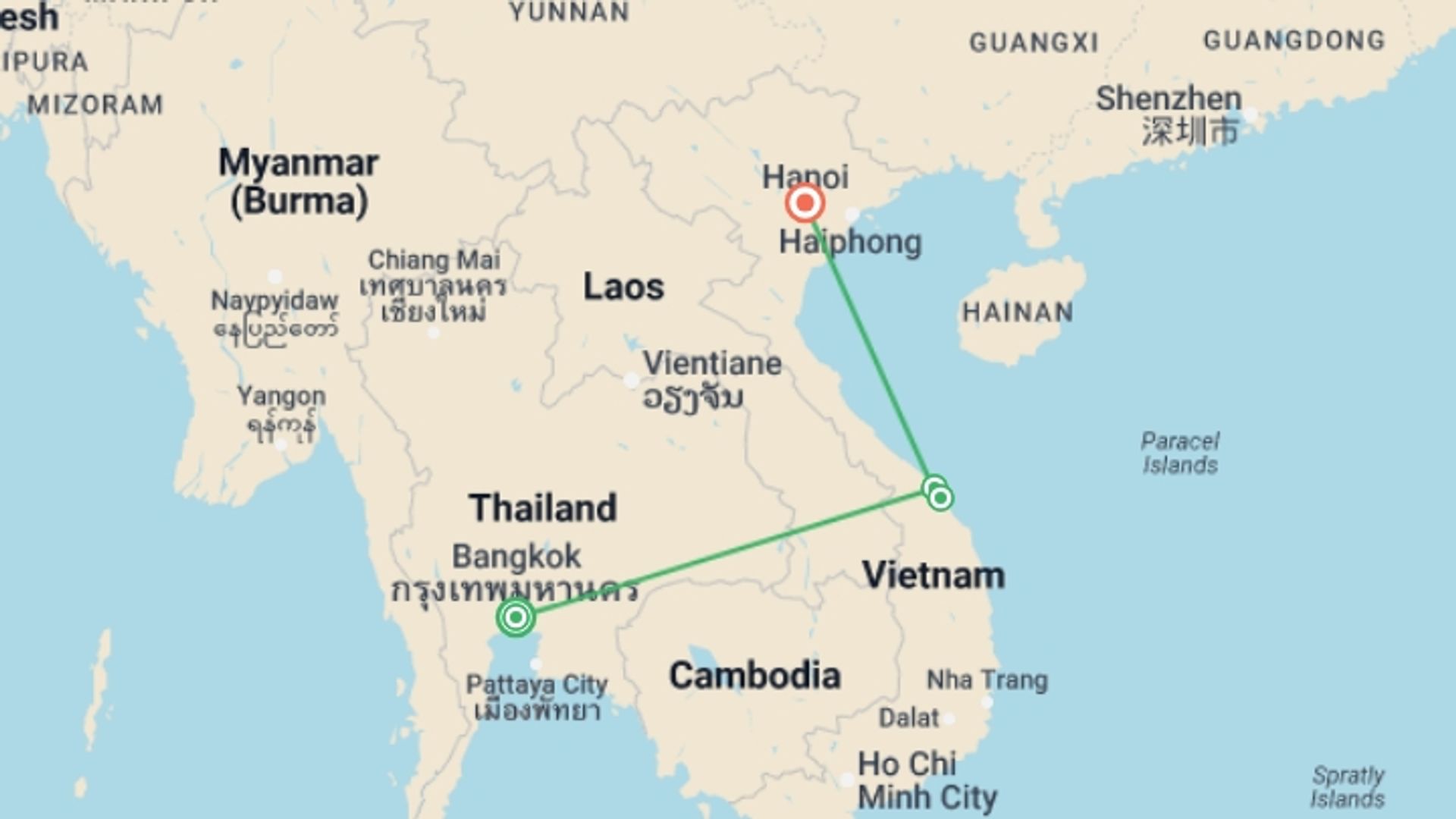A map showing the tour itinerary for the trip: From Bangkok to Hanoi: A Captivating 7-Day Adventure, starting in Bangkok, Thailand and ending in Hanoi, Vietnam going through 2 other destinations.