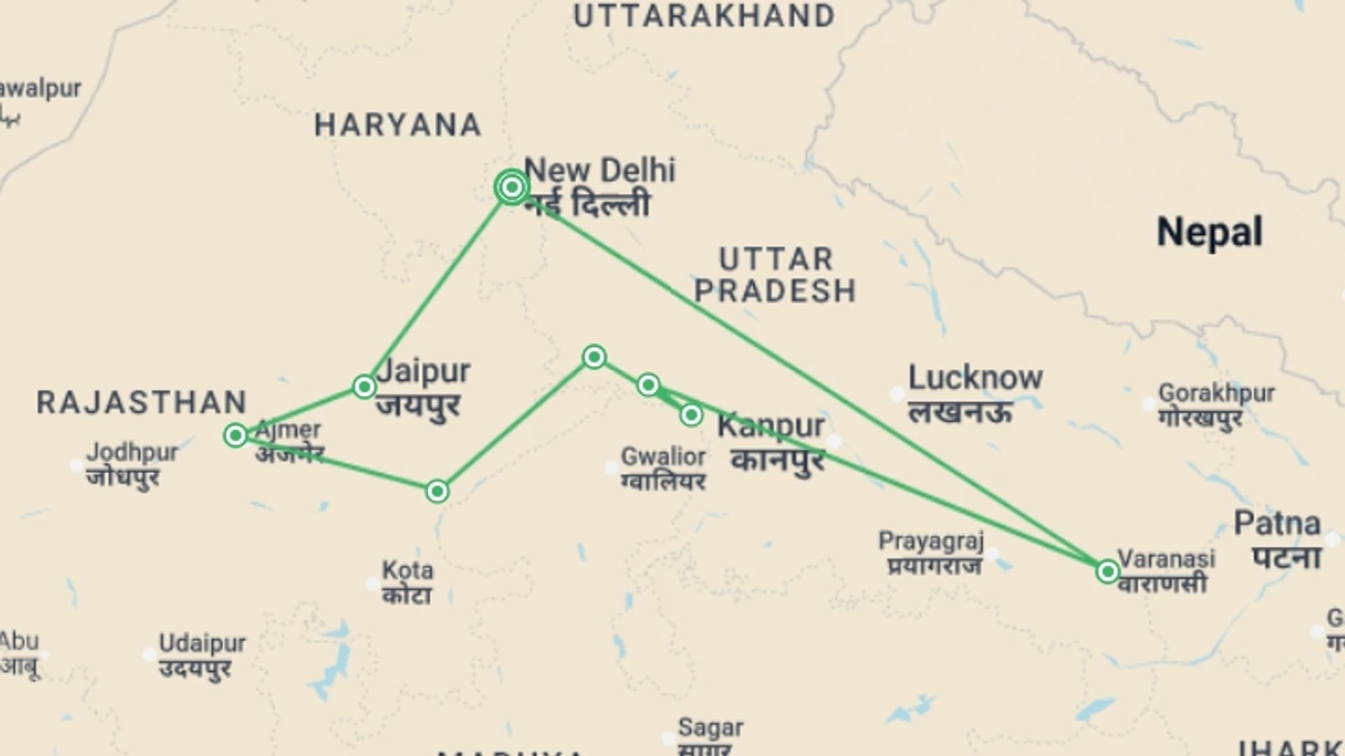 A map showing the tour itinerary for the trip: Highlights of Northern India, starting in New Delhi, India and ending in New Delhi, India going through 7 other destinations.