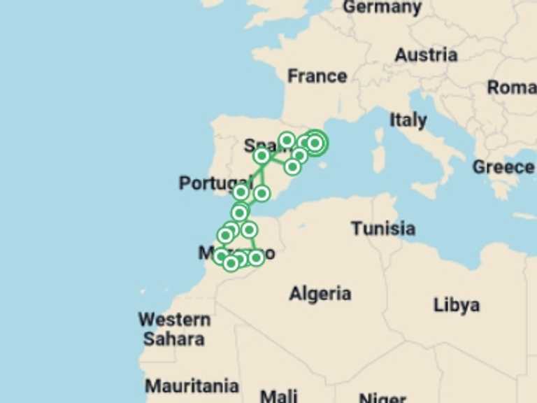Map of Spain Tour with 11 destination visits for the trip: Pearls of Spain and Mysterious Morocco