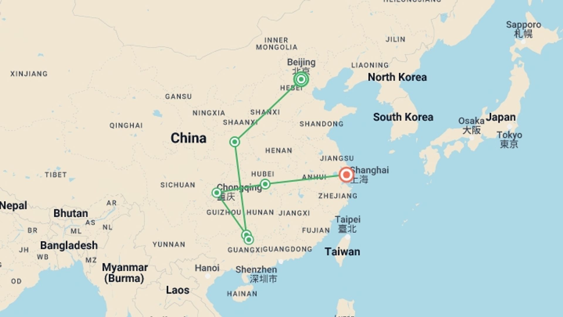 A map showing the tour itinerary for the trip: Classic China Tour with Yangtze Cruise - Small Group, starting in Beijing, China and ending in Shanghai, China going through 5 other destinations.