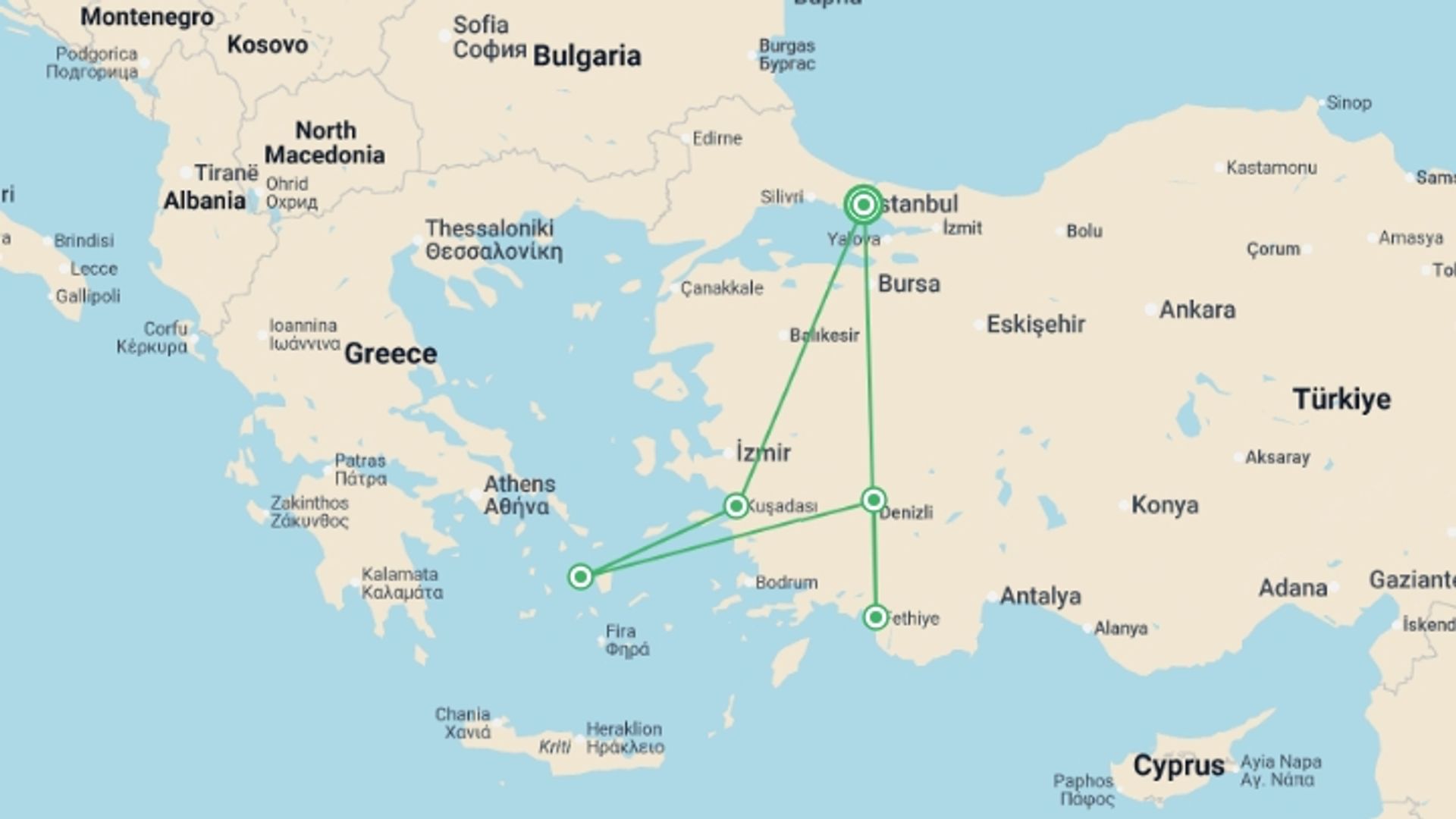 A map showing the tour itinerary for the trip: Best of West Turkey - 9 days, starting in Istanbul, Turkey and ending in Istanbul, Turkey going through 4 other destinations.