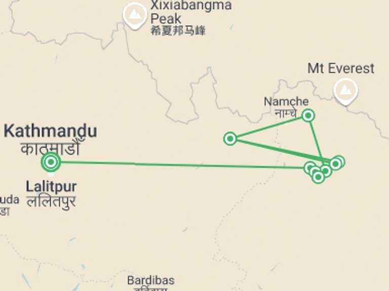 Map of 14-Day Kathmandu Tour with 9 destination visits for the trip: Mera Peak Climbing