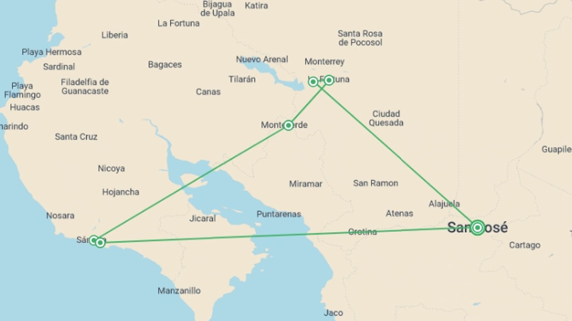 A map showing the tour itinerary for the trip: Costa Rica Family Escape, starting in San Jose, Costa Rica and ending in San Jose, Costa Rica going through 3 other destinations.
