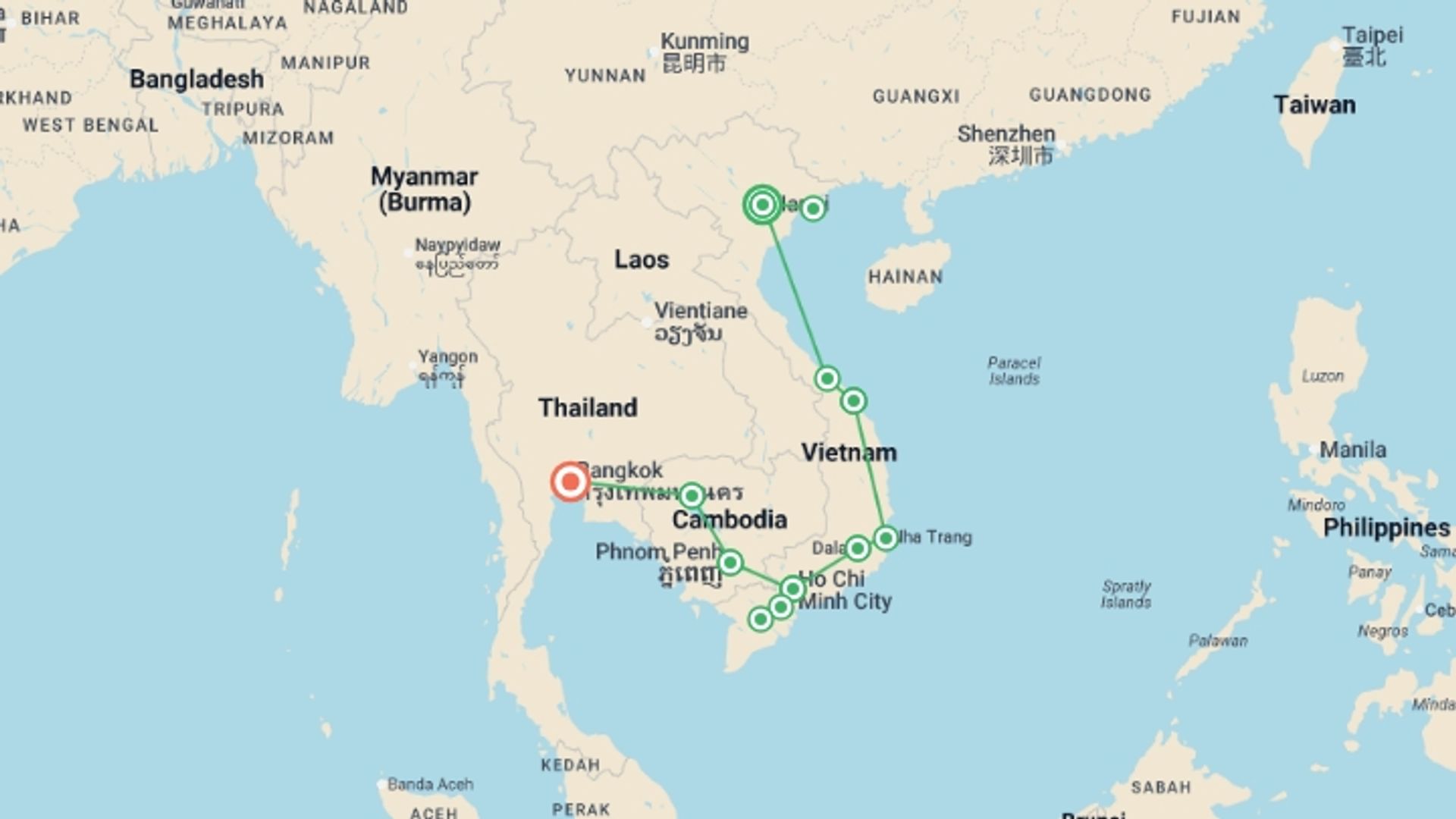A map showing the tour itinerary for the trip: Hanoi to Bangkok (via Cambodia) Travel Pass, starting in Hanoi, Vietnam and ending in Bangkok, Thailand going through 9 other destinations.