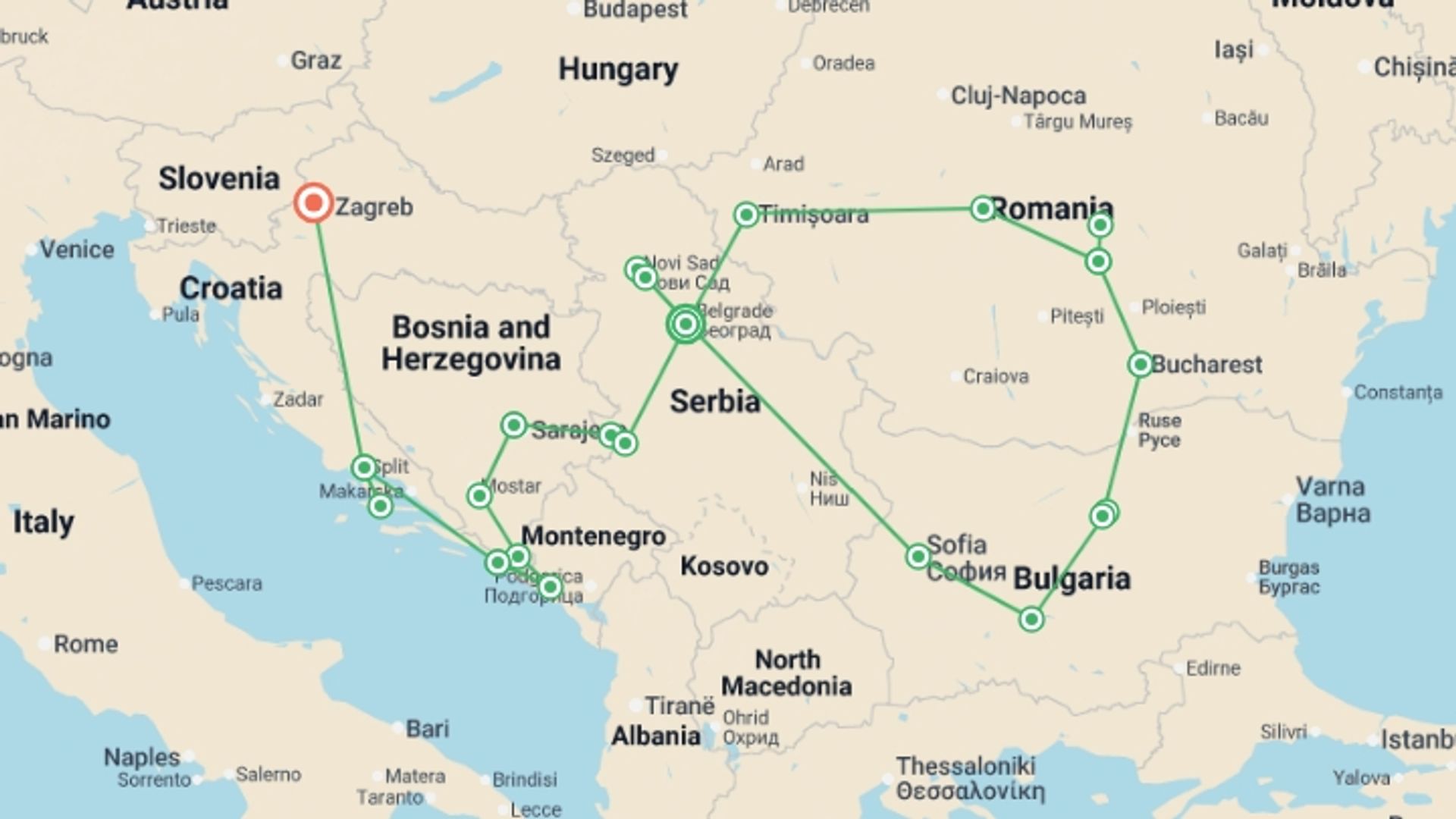 A map showing the tour itinerary for the trip: Balkans Encompassed - 22 days, starting in Belgrade, Serbia and ending in Zagreb, Croatia going through 11 other destinations.