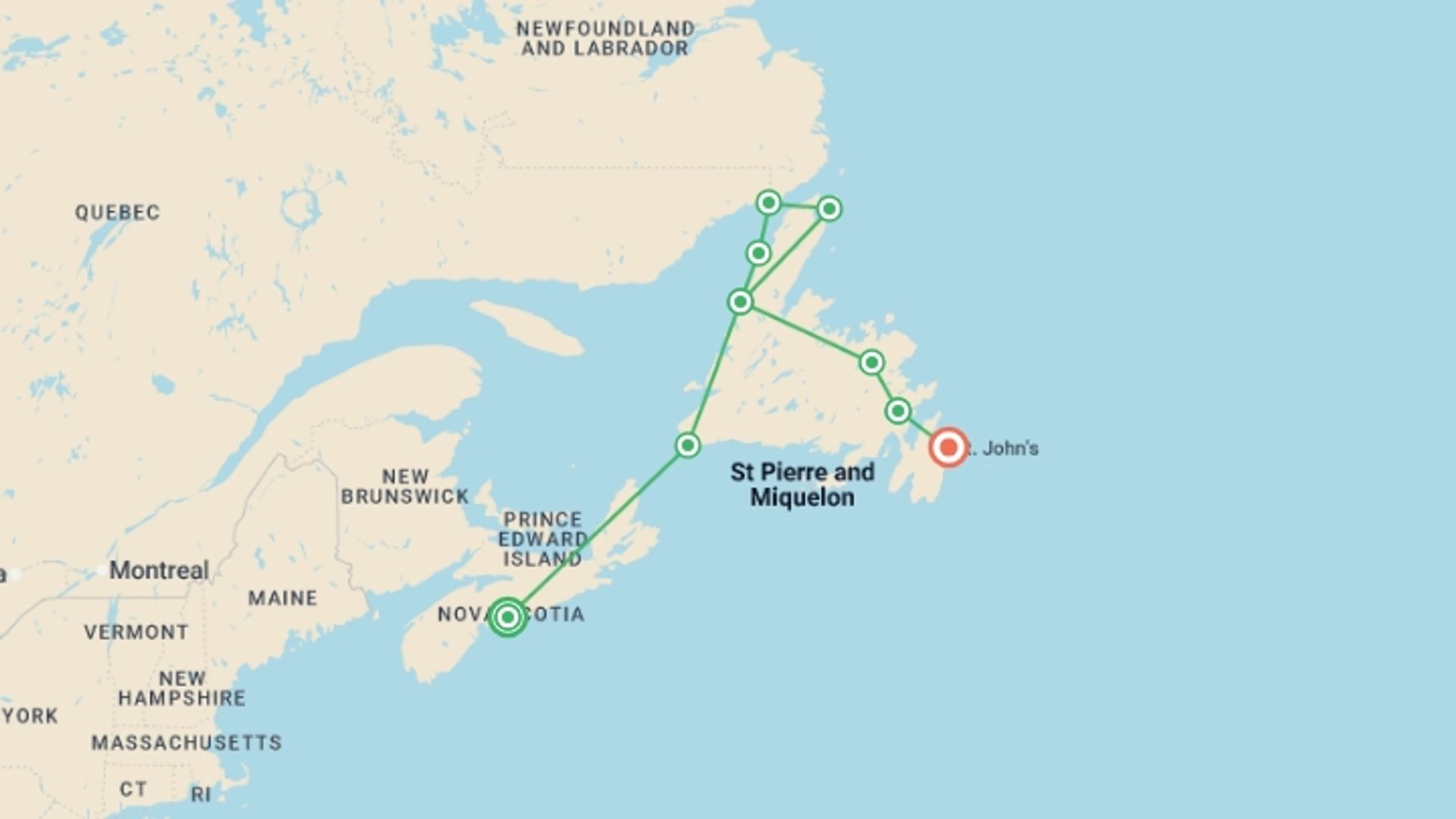 A map showing the tour itinerary for the trip: Nova Scotia to Newfoundland - 13 days, starting in Halifax, Canada and ending in St. John's, Canada going through 7 other destinations.
