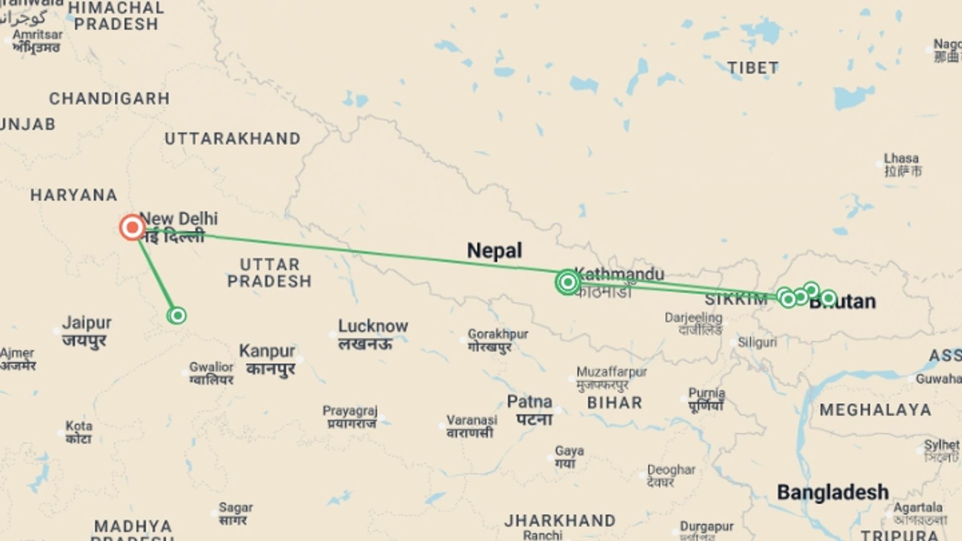 A map showing the tour itinerary for the trip: Temples, Dzongs and Taj, starting in Kathmandu, Nepal and ending in New Delhi, India going through 8 other destinations.
