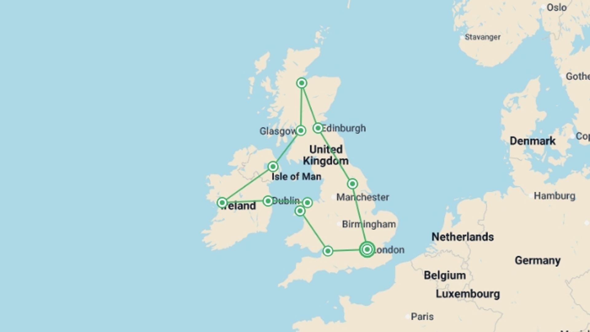 A map showing the tour itinerary for the trip: UK & Ireland: Panoramas & Pubs, starting in London, England and ending in London, England going through 10 other destinations.