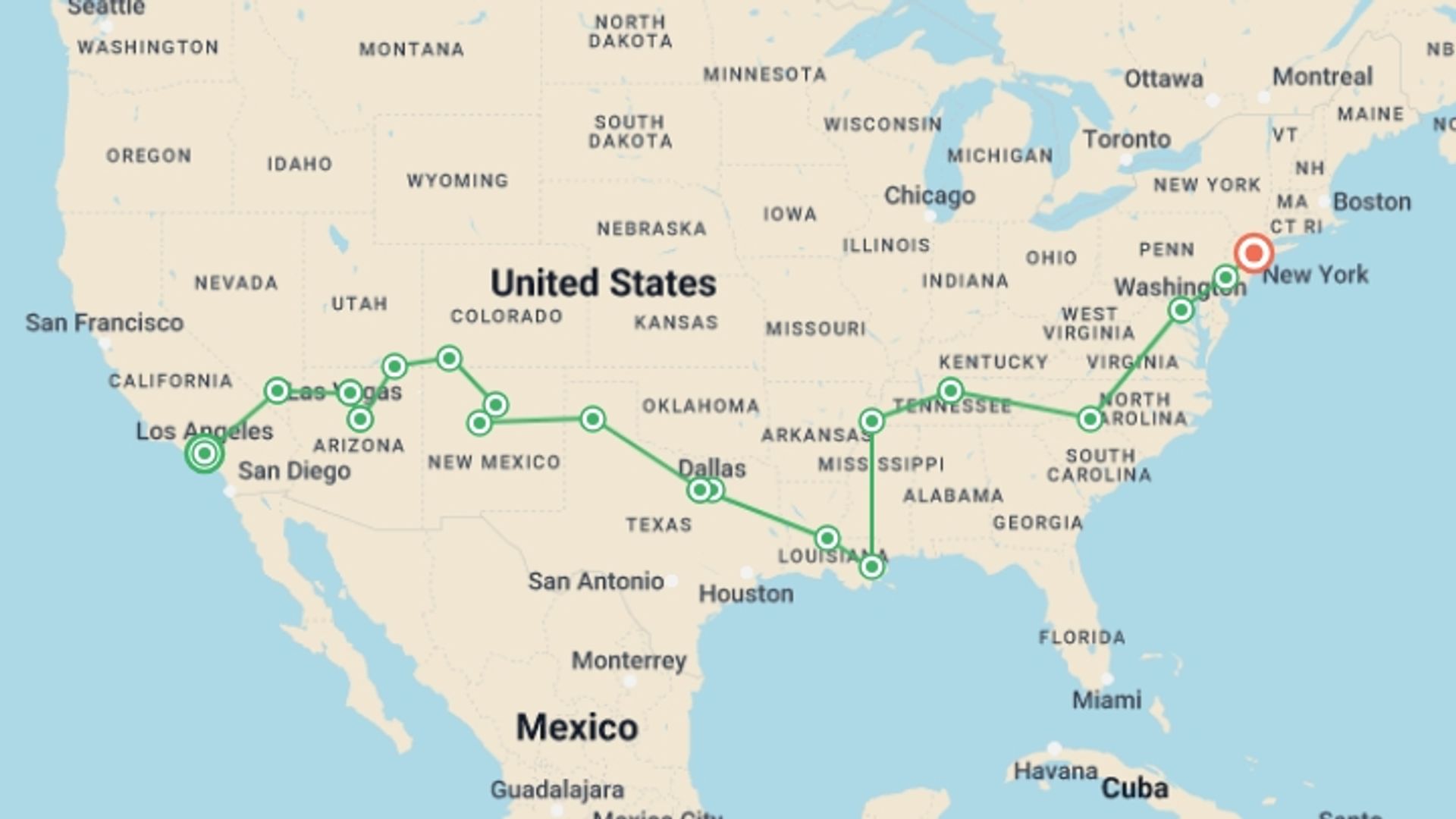 A map showing the tour itinerary for the trip: Get Social: USA West to East, starting in Los Angeles, USA and ending in New York, USA going through 12 other destinations.
