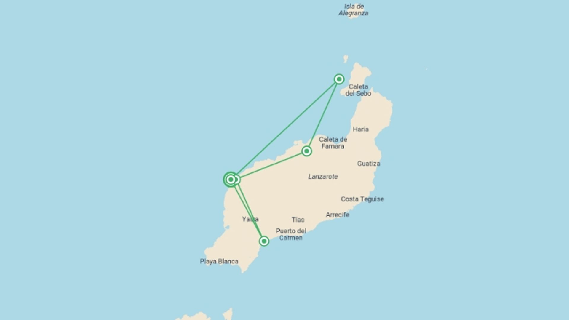 A map showing the tour itinerary for the trip: Contrasts of Lanzarote, starting in Lanzarote, Spain and ending in Lanzarote, Spain going through 4 other destinations.
