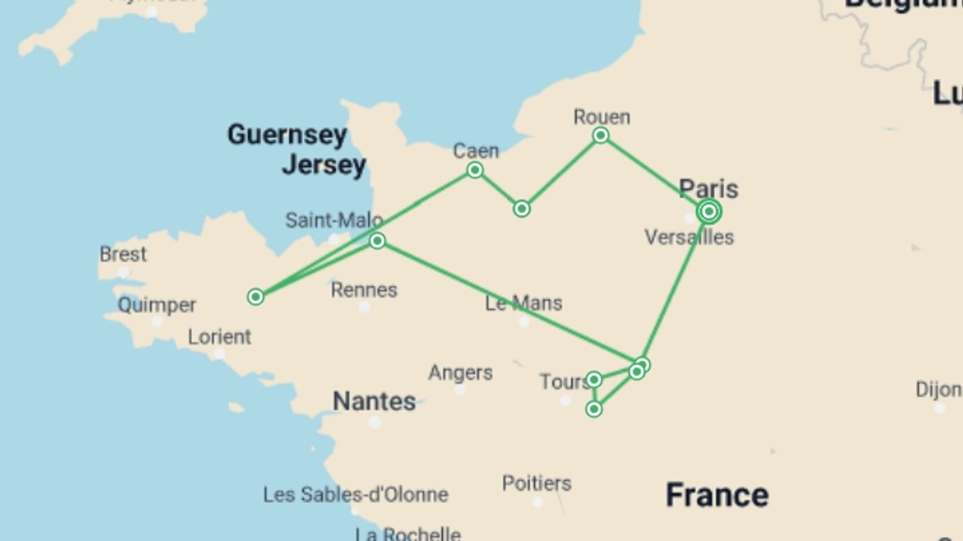 A map showing the tour itinerary for the trip: Best Of France Tour, starting in Paris, France and ending in Paris, France going through 2 other destinations.