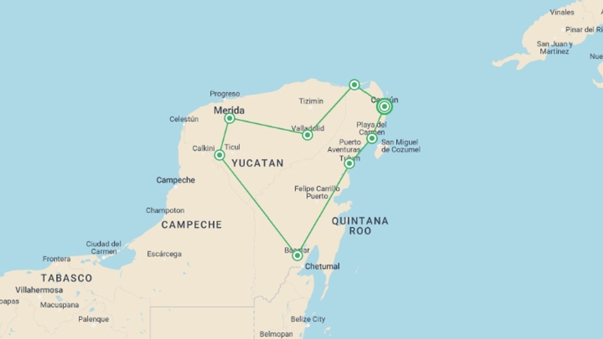 A map showing the tour itinerary for the trip: Riviera Maya Cenote Tour: Explore Yucatan And Quintana Roo  (9 Days), starting in Cancún, Mexico and ending in Cancún, Mexico going through 7 other destinations.